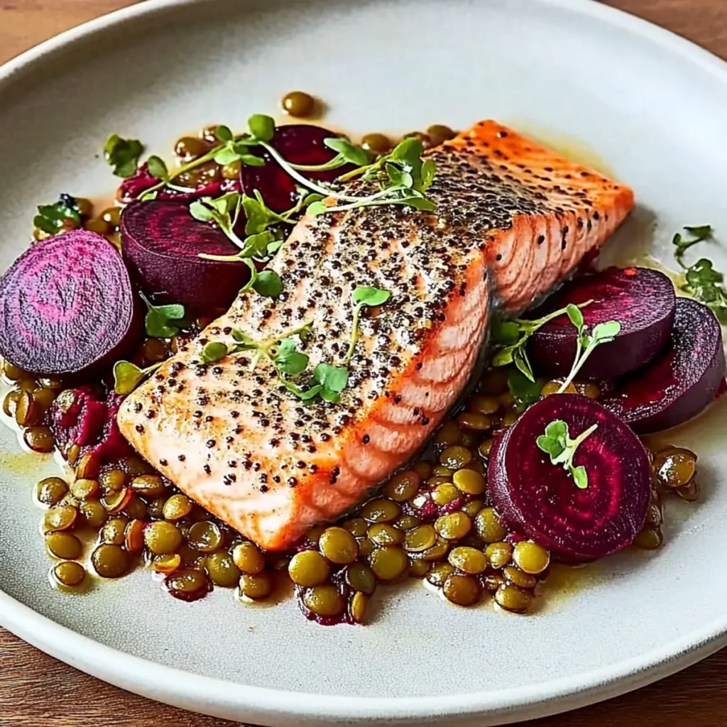 Mustardy Salmon with Beetroot and Lentils