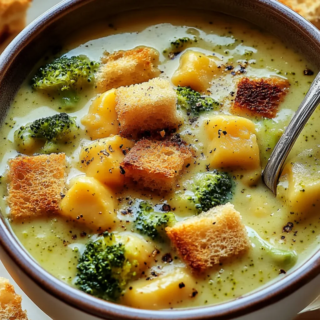 Roasted Broccoli Soup with Melted Cheddar Croutons