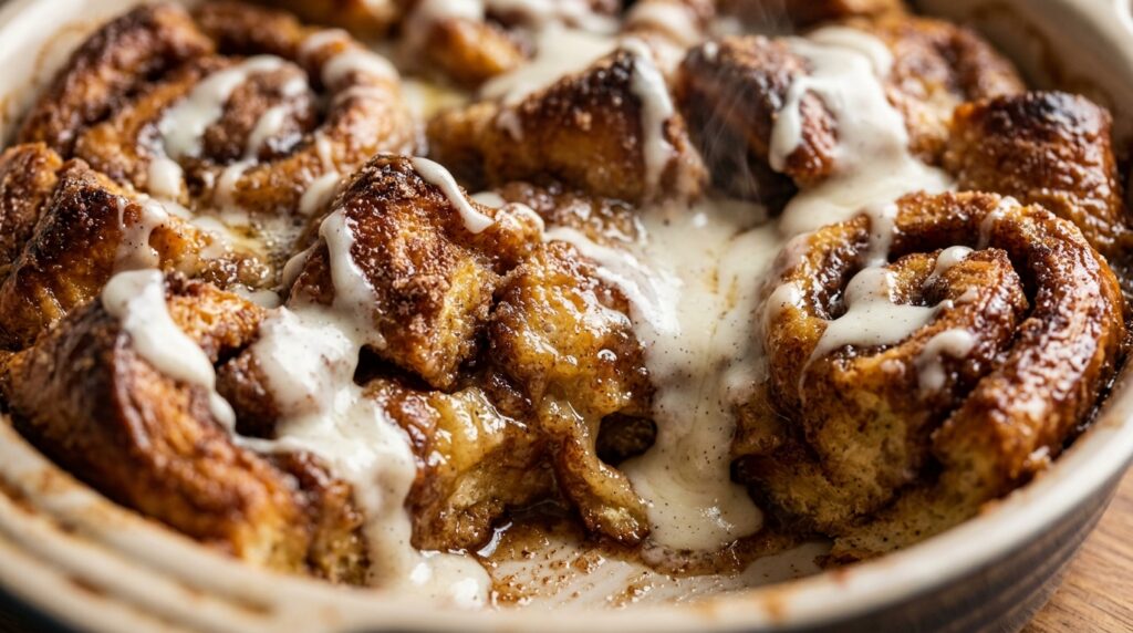 Ultra close-up baked cinnamon roll french toast casserole with cream cheese glaze