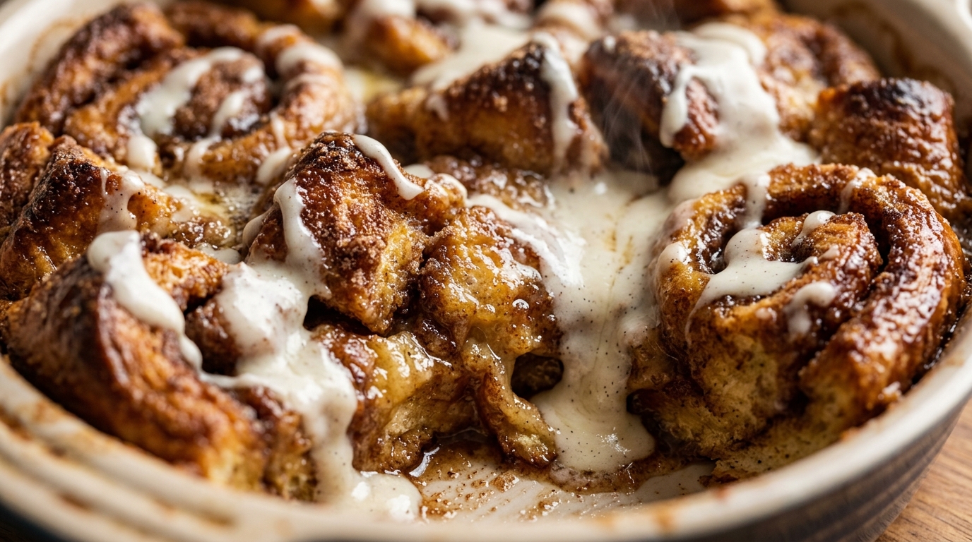 Ultra close-up macro of baked cinnamon roll french toast casserole with cream cheese glaze melting into caramelized brioche crevices