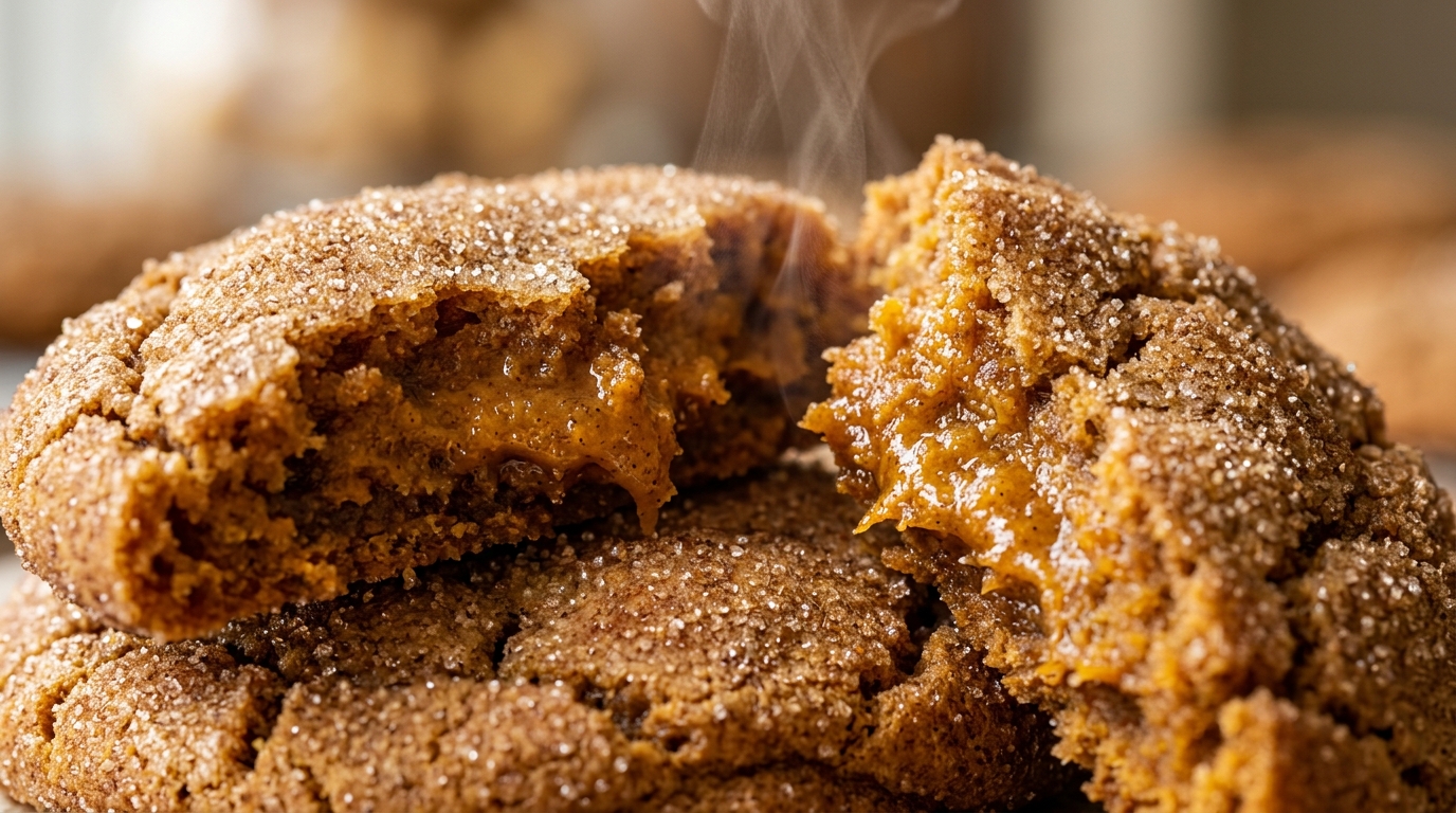 Ultra close-up macro of a warm chewy brown butter pumpkin snickerdoodle cookie broken in half showing soft molten spiced center