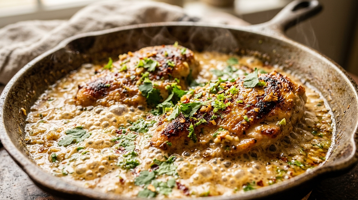 Ultra close-up macro shot of sizzling creamy coconut lime chicken in rustic cast iron skillet