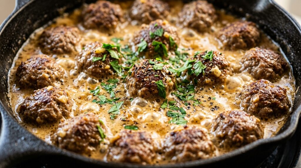 Ultra close-up macro of tender beef meatballs simmering in bubbly creamy garlic butter gravy