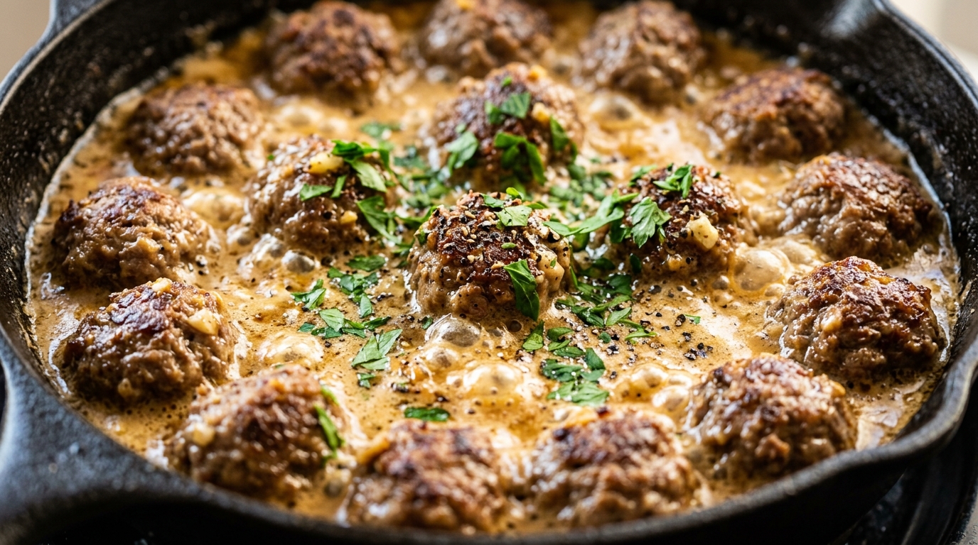 Ultra close-up macro of tender beef meatballs simmering in bubbly creamy garlic butter gravy