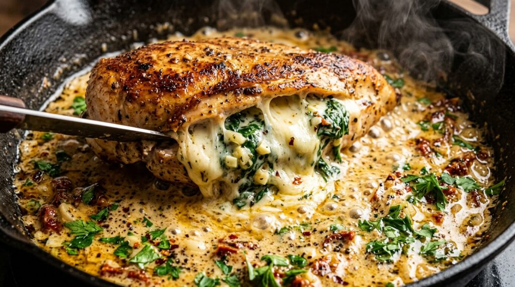Ultra close-up of creamy garlic spinach stuffed chicken breast in cast iron skillet