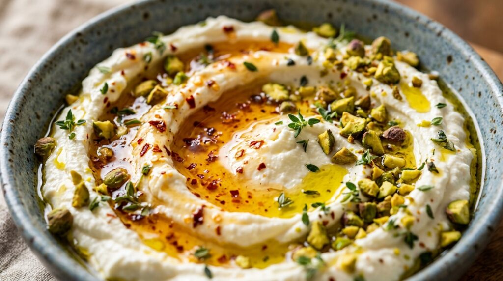 Ultra close-up macro creamy whipped feta dip swirled with hot honey and pistachios
