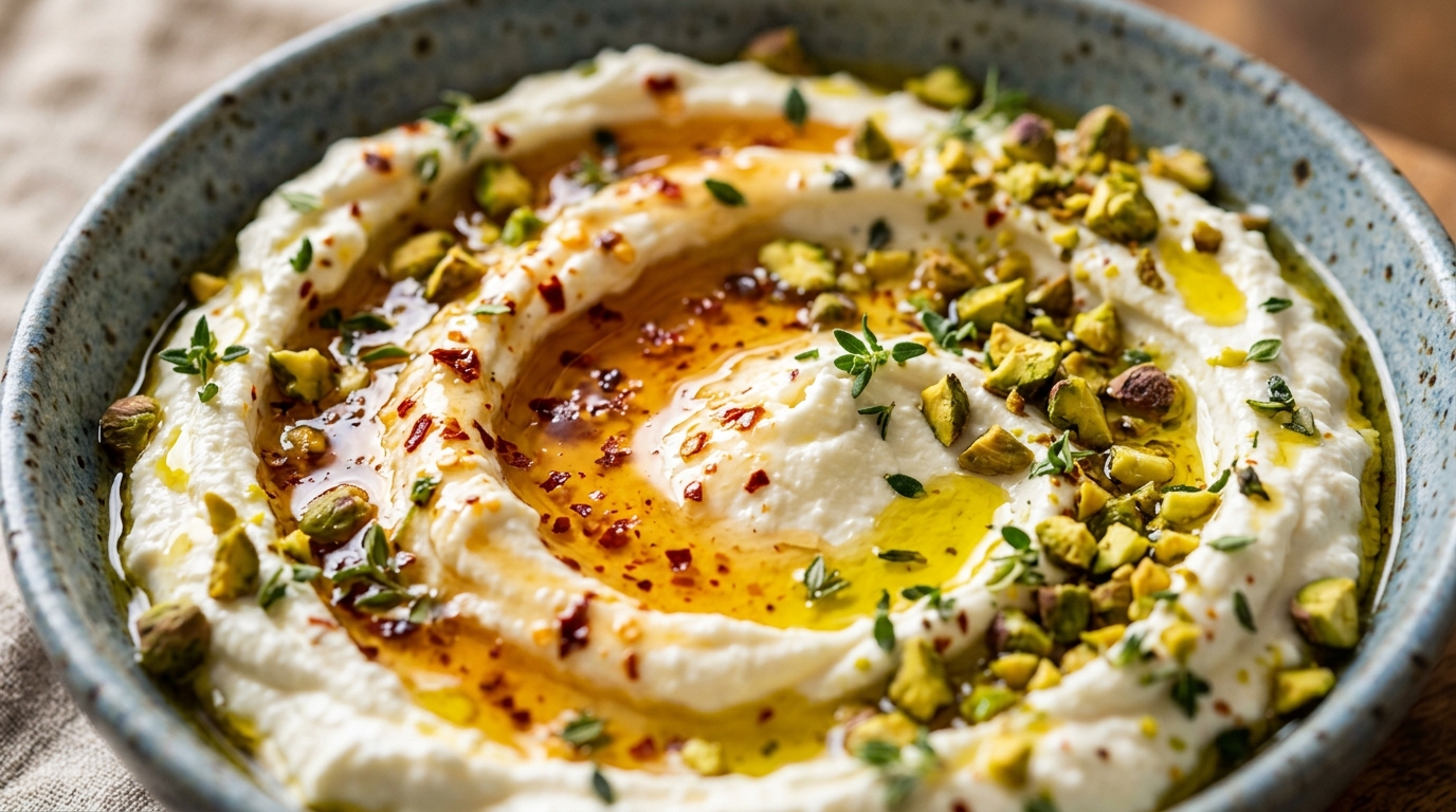 Ultra close-up macro of creamy whipped feta dip swirled with glossy hot honey, roasted pistachios, and fresh thyme