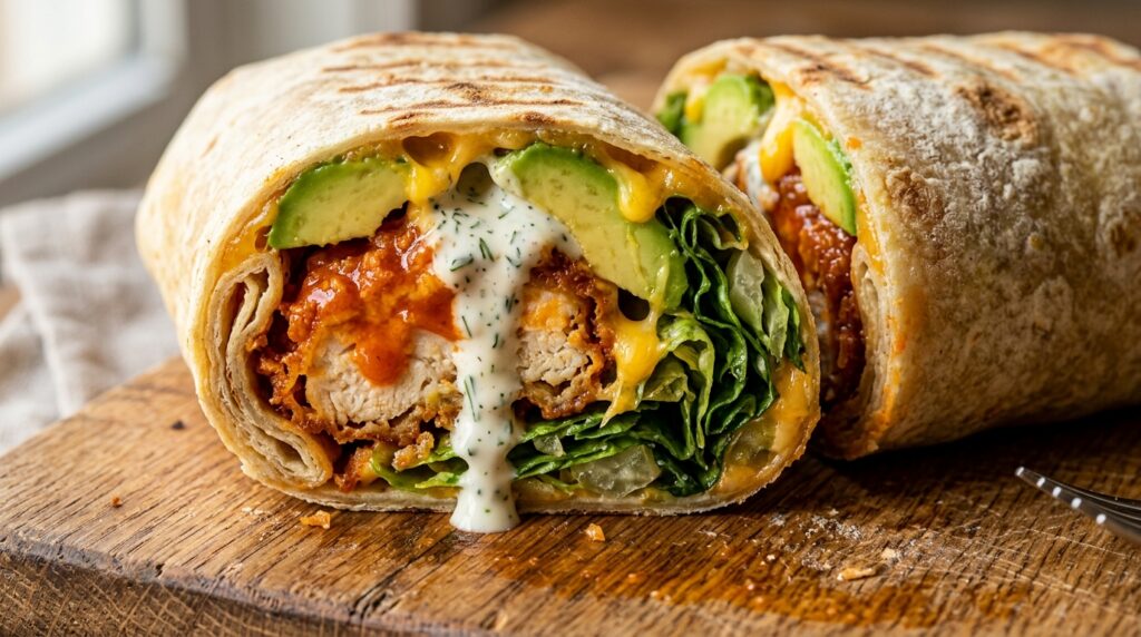 Ultra close-up macro sliced crispy buffalo chicken wrap with avocado and ranch