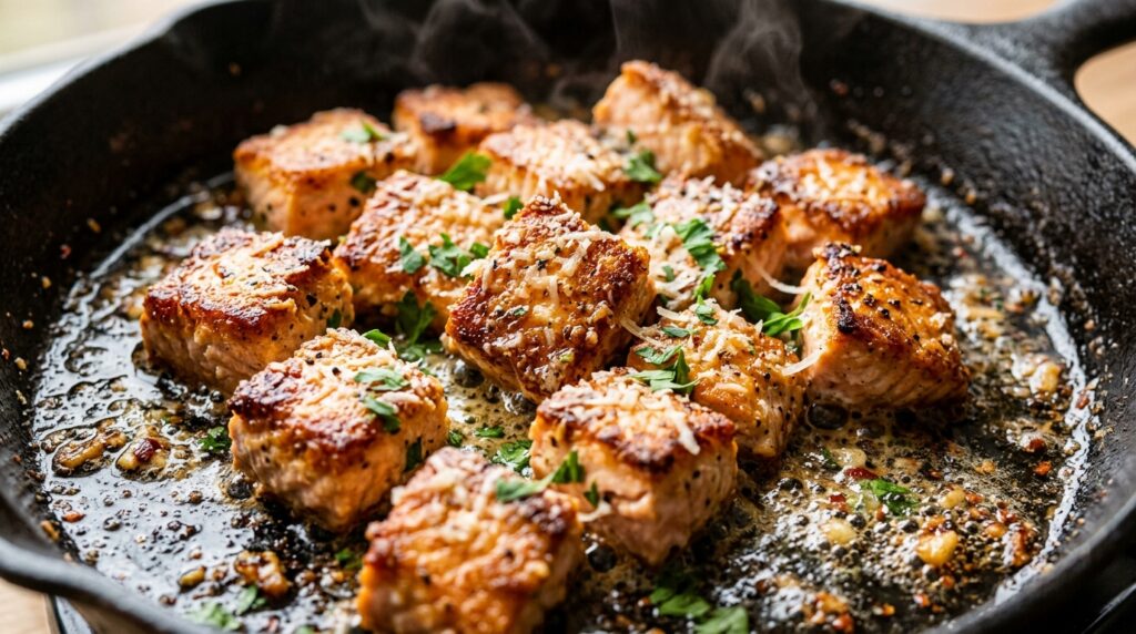 Ultra close-up macro of crispy golden garlic parmesan salmon bites sizzling in garlic butter