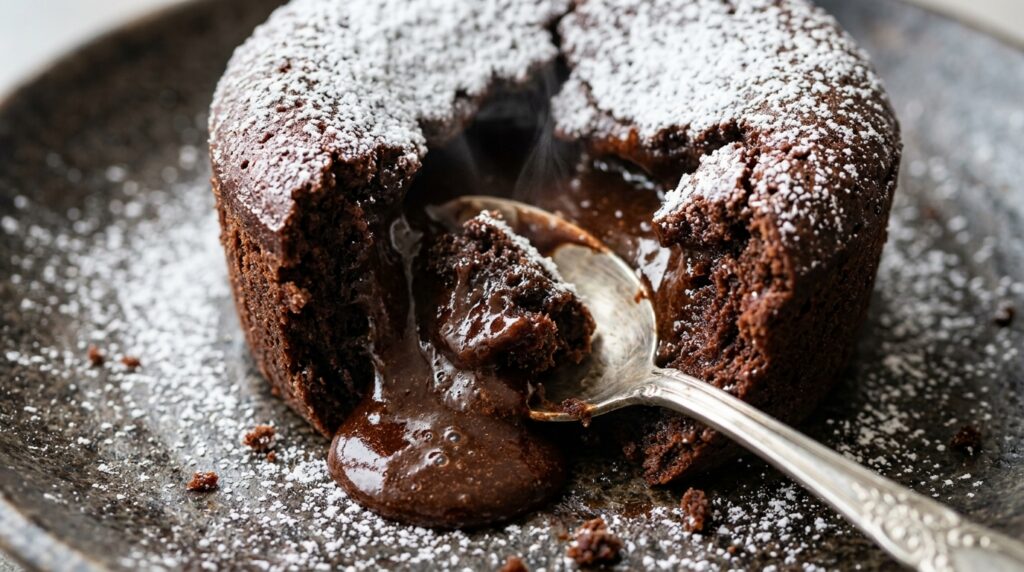Ultra close-up macro of gooey molten chocolate lava cake broken open with spoon showing flowing chocolate center