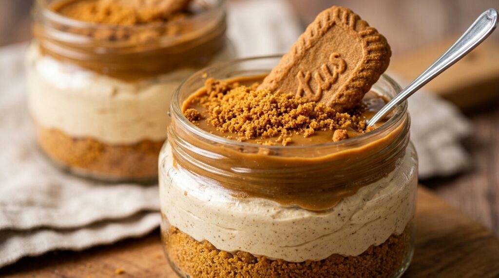 Ultra close-up macro of no-bake Lotus Biscoff cheesecake jars with melted cookie butter layer