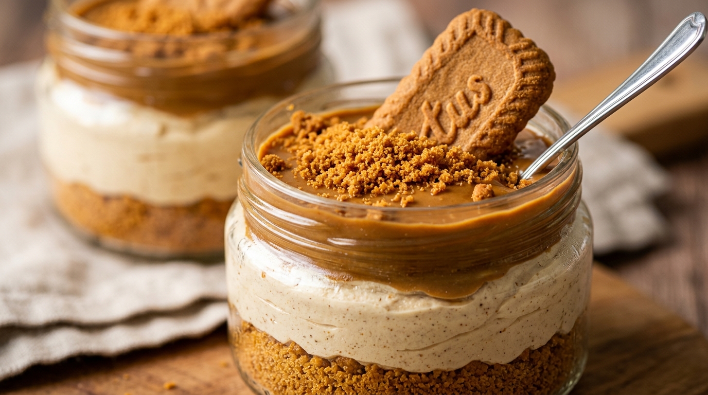 Ultra close-up macro of no-bake Lotus Biscoff cheesecake jars displaying distinct layers through clear glass