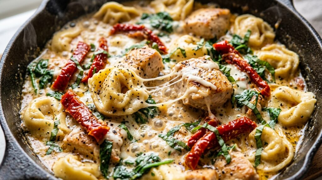 Ultra close-up macro of bubbling one-pan creamy sun-dried tomato chicken tortellini with cheese pull