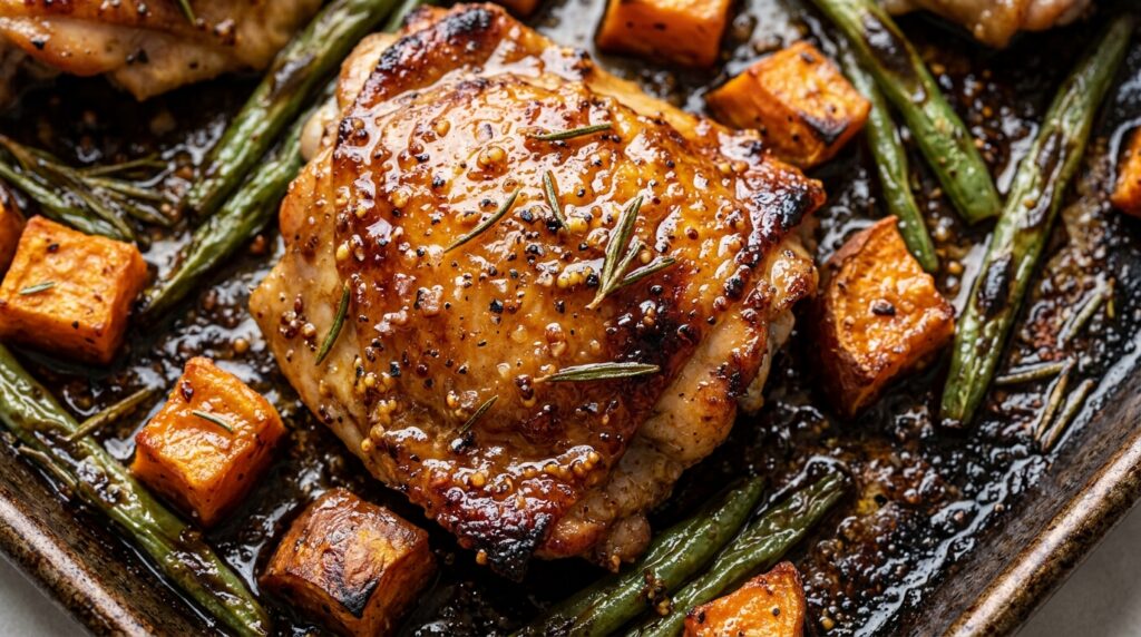 Ultra close-up macro of caramelized maple Dijon chicken thighs on a sheet pan