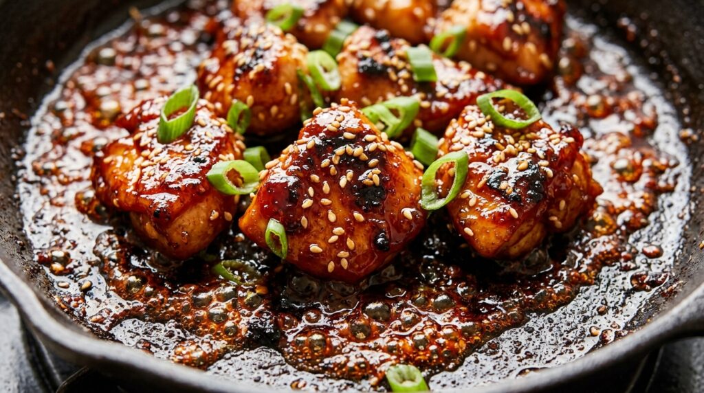 Ultra close-up macro of sticky caramelized honey sriracha chicken sizzling in cast iron skillet
