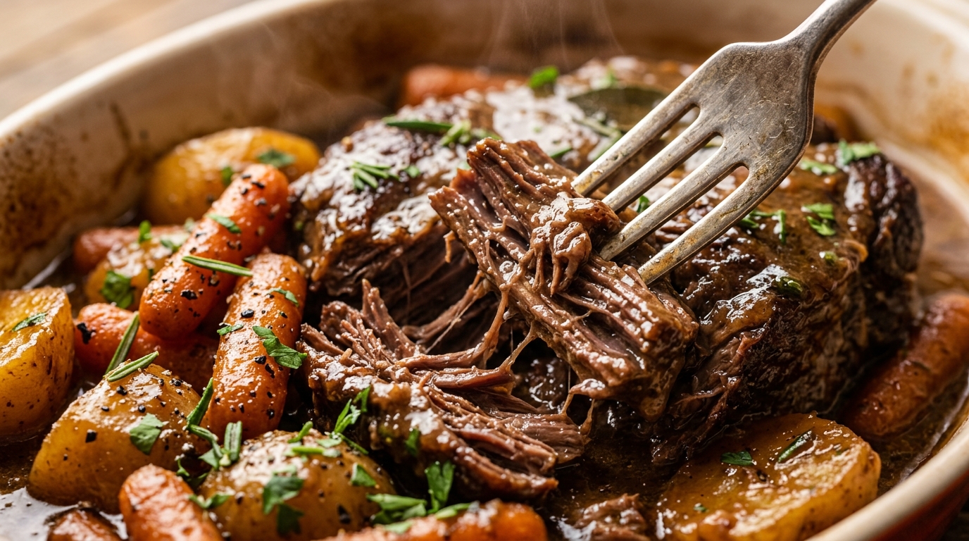 Ultra close-up macro fork pulling apart succulent braised beef pot roast with carrots and gravy
