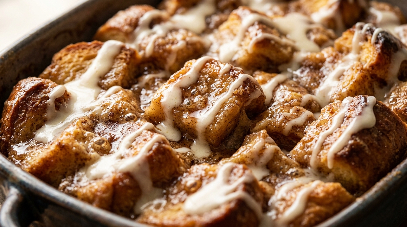 Ultra close-up macro baked cinnamon roll french toast casserole drizzled with warm cream cheese glaze