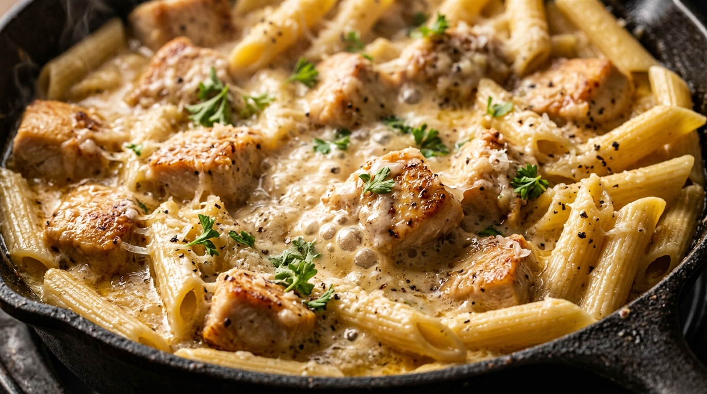 Ultra close-up macro bubbling creamy garlic parmesan chicken pasta in cast iron skillet