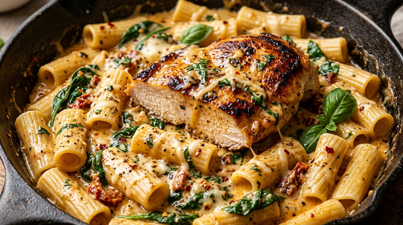 Ultra close-up macro creamy marry me chicken pasta with seared chicken cutlet, sun-dried tomatoes, and rigatoni