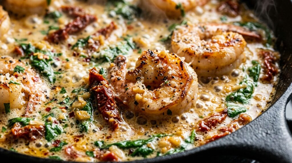 Ultra close-up macro bubbling creamy garlic butter shrimp with sun-dried tomatoes and spinach