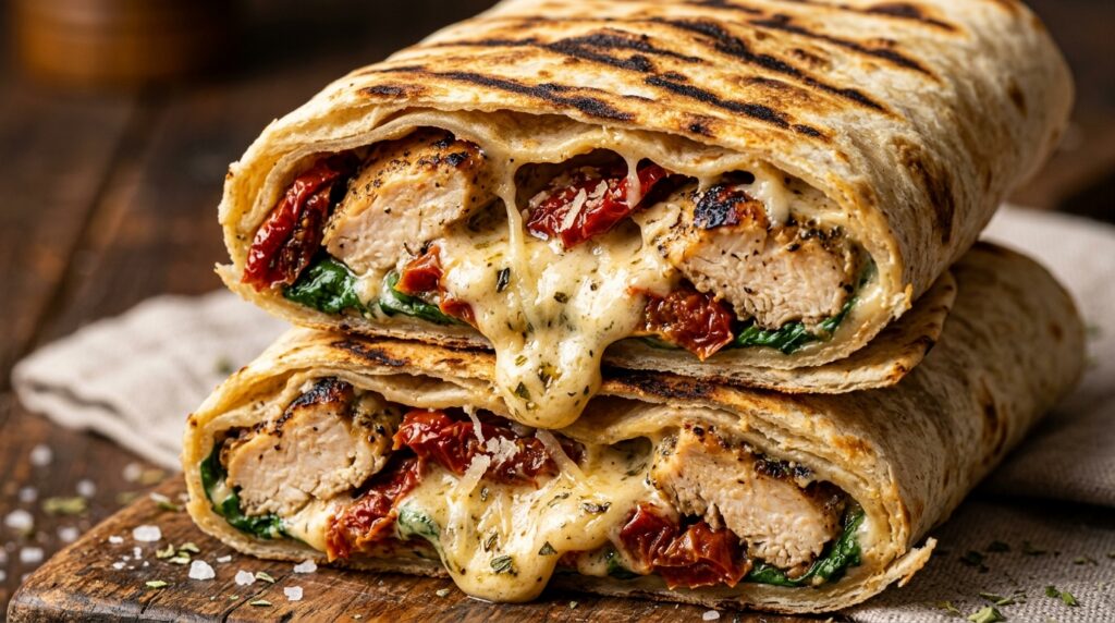 Ultra close-up macro toasted creamy tuscan chicken wrap with sun-dried tomatoes and melted garlic cream sauce