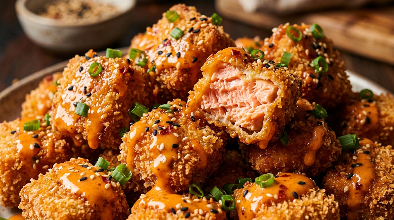 Ultra close-up macro crispy air fryer bang bang salmon bites drizzled with creamy sweet chili sauce