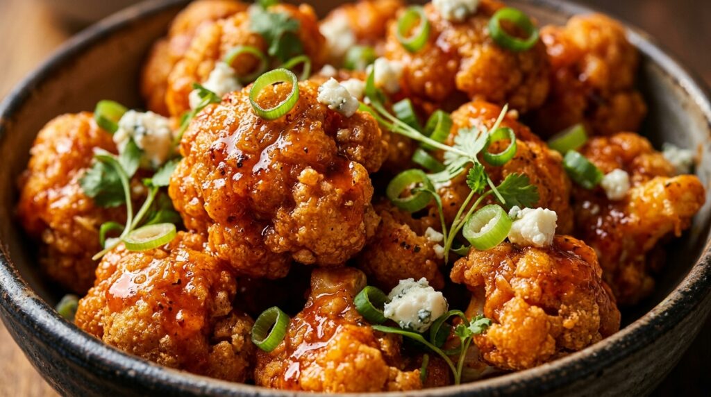 Ultra close-up macro crispy battered buffalo cauliflower bites in spicy glaze with blue cheese