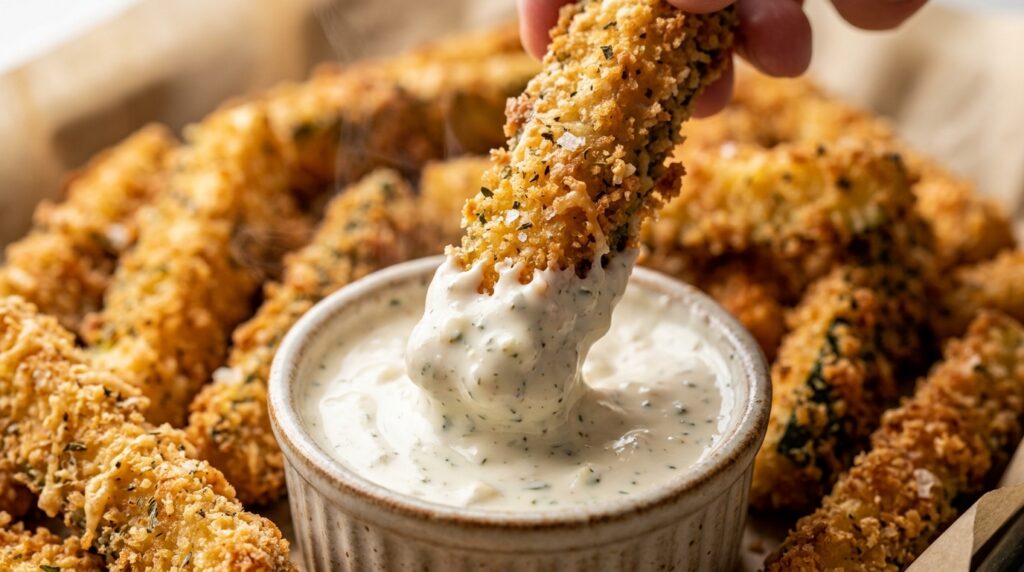 Ultra close-up macro dipping crunchy garlic parmesan zucchini fry in creamy herb dip