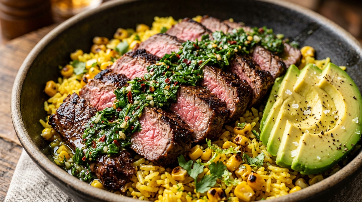 Ultra close-up macro crispy chimichurri steak and rice bowl with seared flank steak, yellow rice, and avocado
