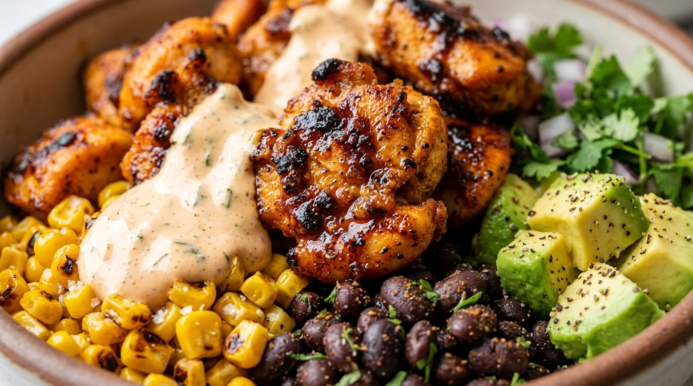 Ultra close-up macro crispy chipotle chicken burrito bowl with charred chicken and chipotle crema