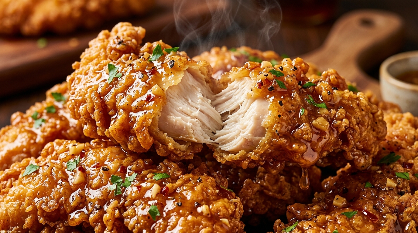 Ultra close-up macro crispy honey butter chicken tenders glistening with sweet garlic glaze