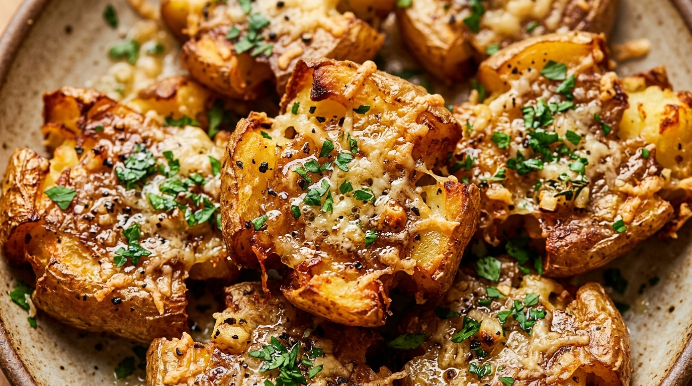 Ultra close-up macro crispy smashed garlic parmesan potatoes with craggy golden edges and melted parmesan