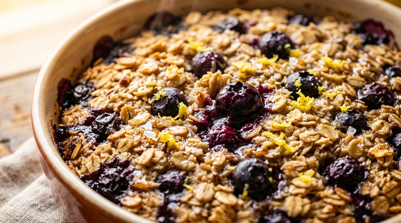 Ultra close-up macro fluffy lemon blueberry baked oatmeal with golden edges and bursting berries