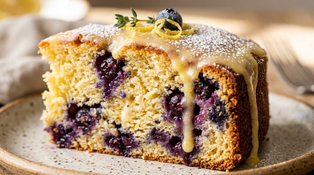 Ultra close-up macro slice of fluffy lemon blueberry ricotta olive oil cake with golden crumb and burst blueberries