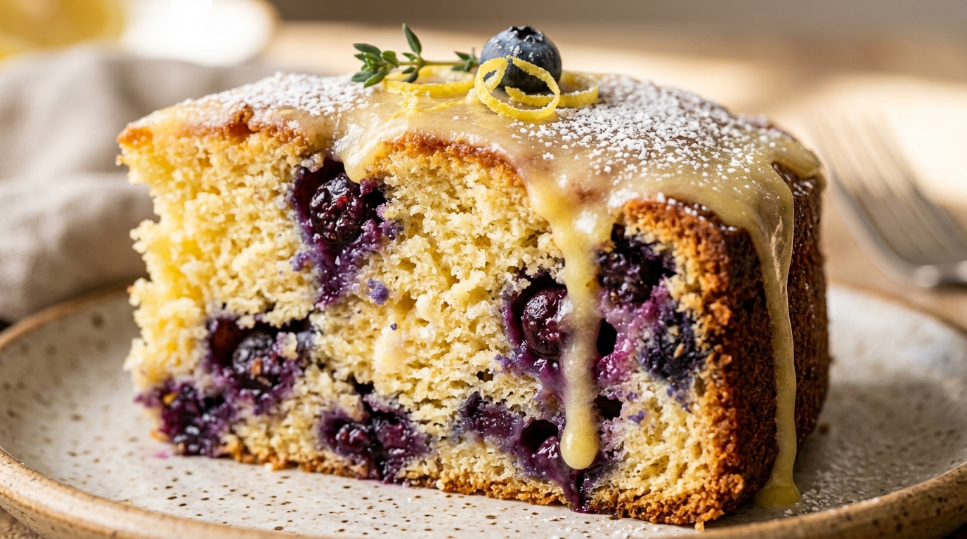 Ultra close-up macro slice of fluffy lemon blueberry ricotta olive oil cake with golden crumb and burst blueberries