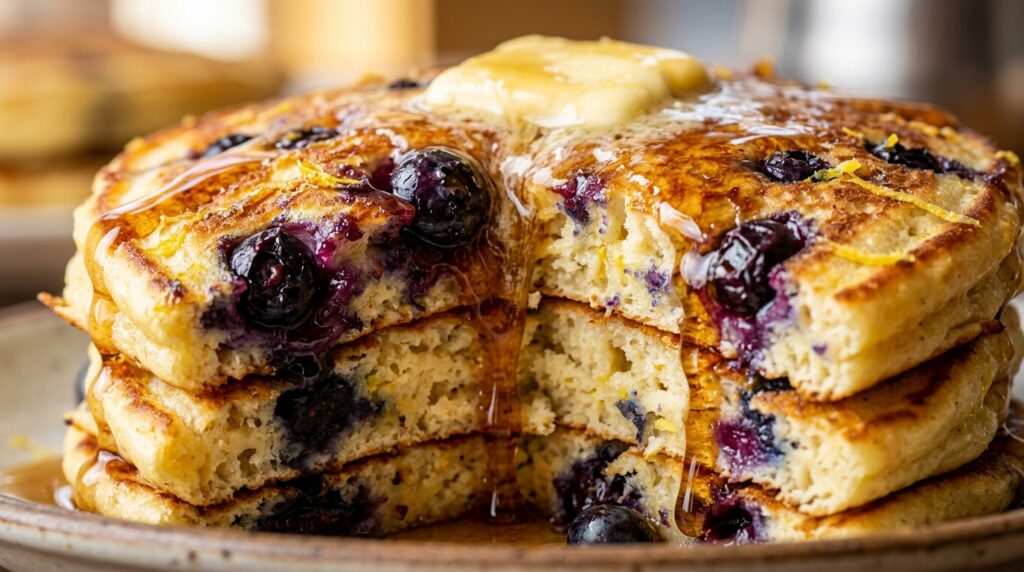 Ultra close-up macro fluffy lemon ricotta blueberry pancakes stack with melting farm butter and pure maple syrup
