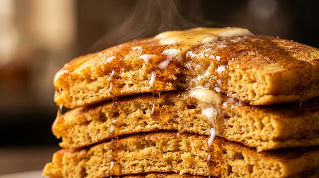 Ultra close-up macro stack of golden fluffy pumpkin pancakes with dripping maple syrup and butter