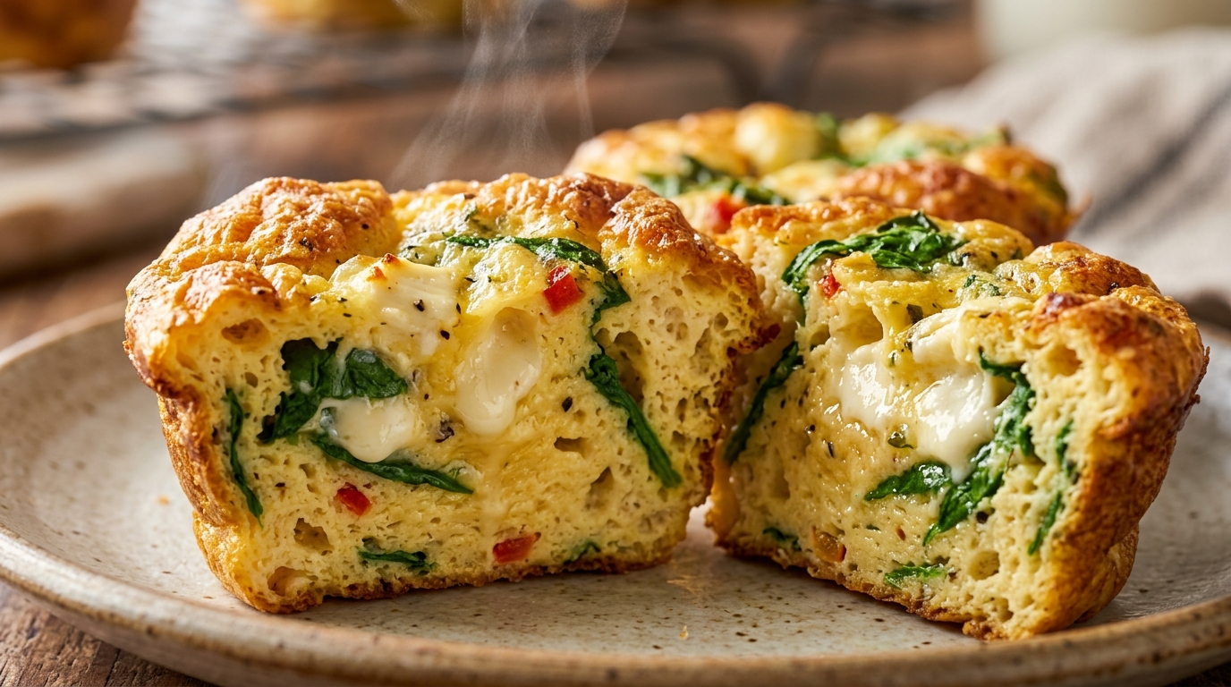 Ultra close-up macro halved fluffy spinach and feta breakfast egg muffin with molten custardy center