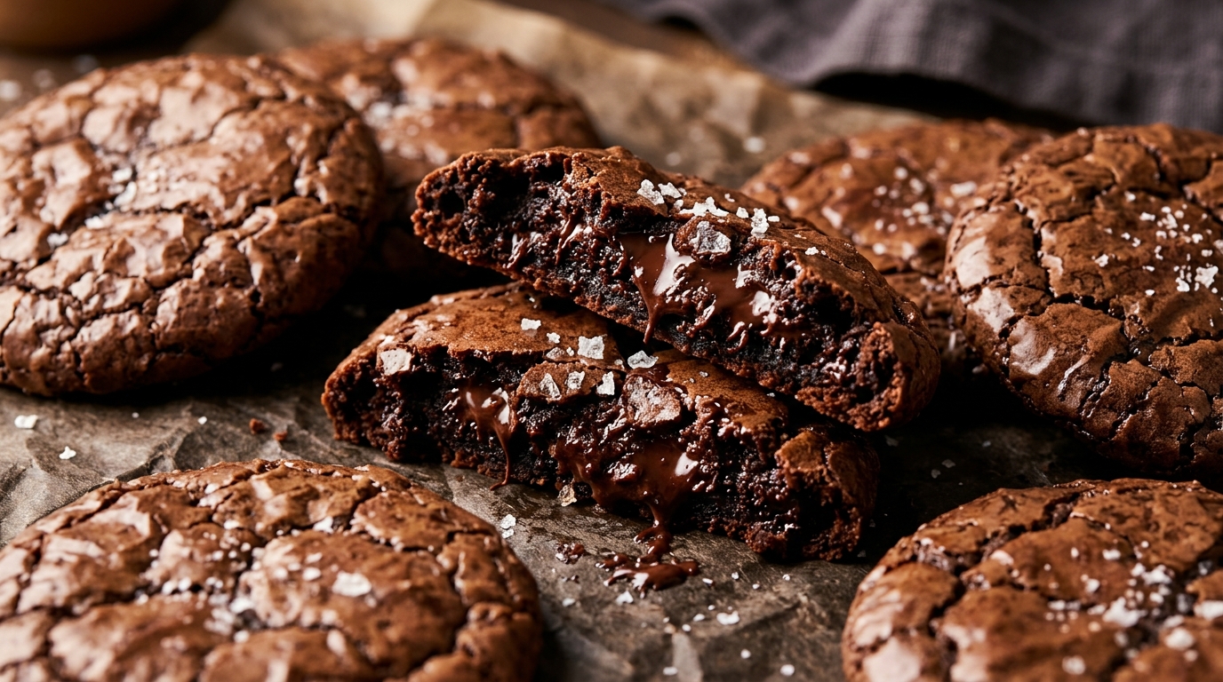 Ultra close-up macro fudgy chocolate brownie cookies with crackly crust and molten chocolate center