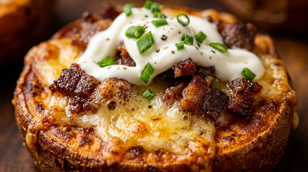 Ultra close-up macro loaded crispy sweet potato bites with melted sharp cheddar cheese, beef bacon, and chive sour cream
