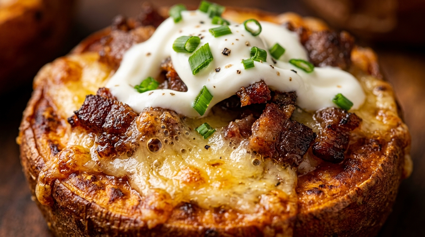 Ultra close-up macro loaded crispy sweet potato bite with bubbling sharp cheddar, beef bacon, and chive sour cream