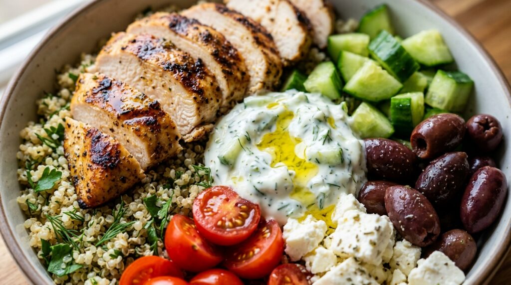 Ultra close-up macro sliced grilled chicken over fluffy quinoa with cucumbers, tomatoes, and tzatziki