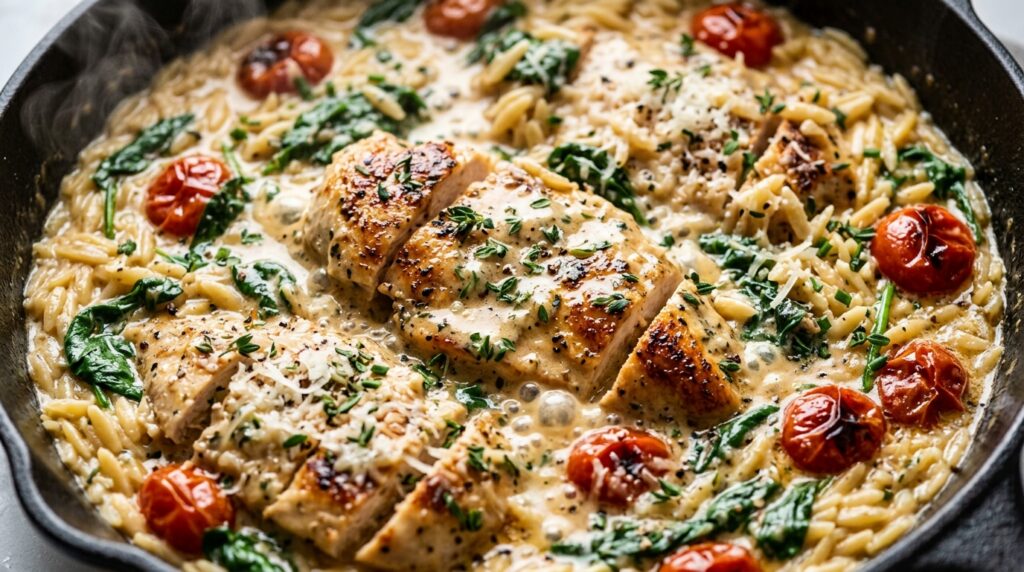 Ultra close-up macro creamy boursin garlic herb chicken and orzo with baby spinach and parmesan