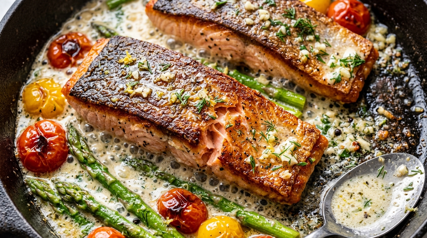 Ultra close-up macro pan-seared crispy skin salmon in creamy garlic herb butter sauce with asparagus