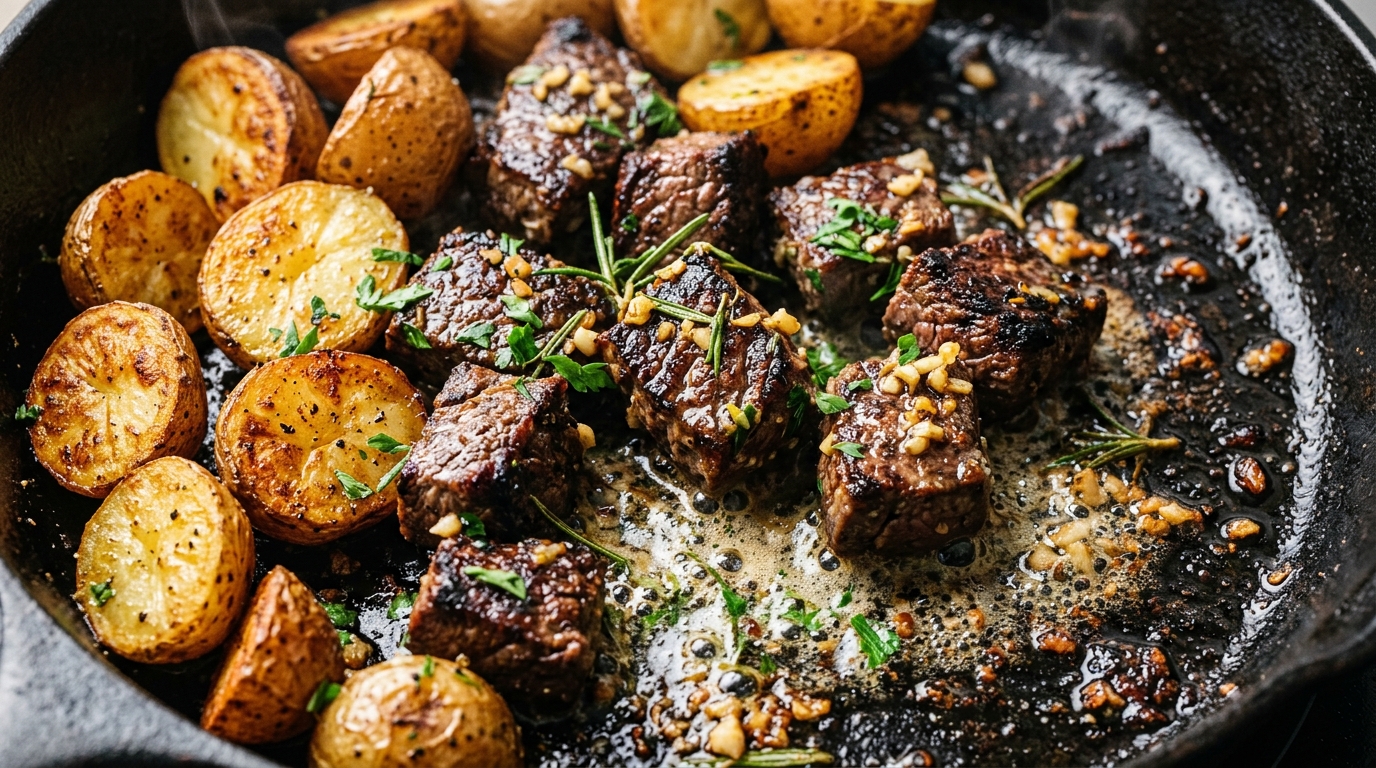 Ultra close-up macro sizzling garlic butter steak bites and crispy baby potatoes in cast iron skillet