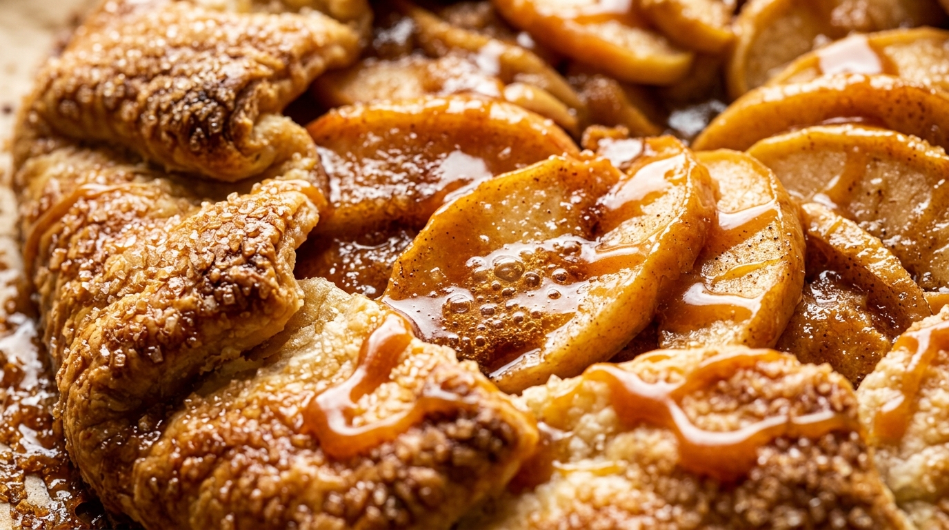 Ultra close-up macro baked rustic salted caramel apple galette with bubbling cinnamon glaze and sugar crust