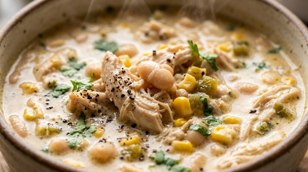 Ultra close-up macro creamy white chicken chili with tender shredded chicken, white cannellini beans, and melted cream cheese