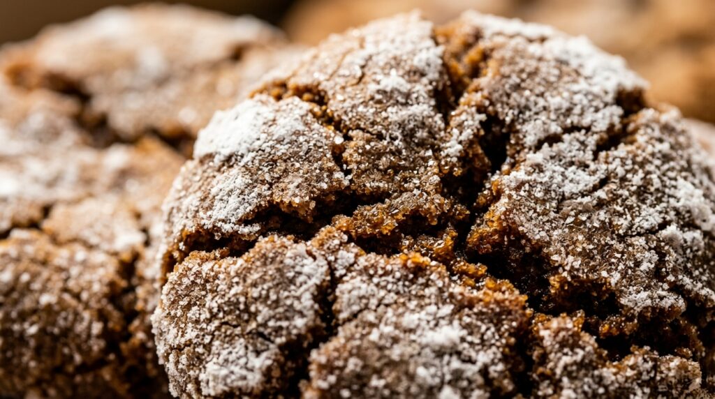 Ultra close-up macro soft-batch molasses gingerbread crinkle cookies with cracked snowy powdered sugar crust