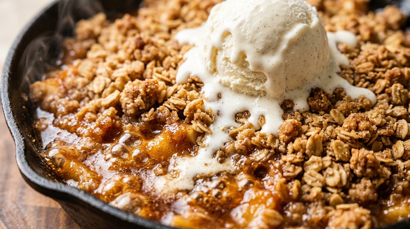 Ultra close-up macro bubbling apple cinnamon crisp with melting vanilla bean ice cream