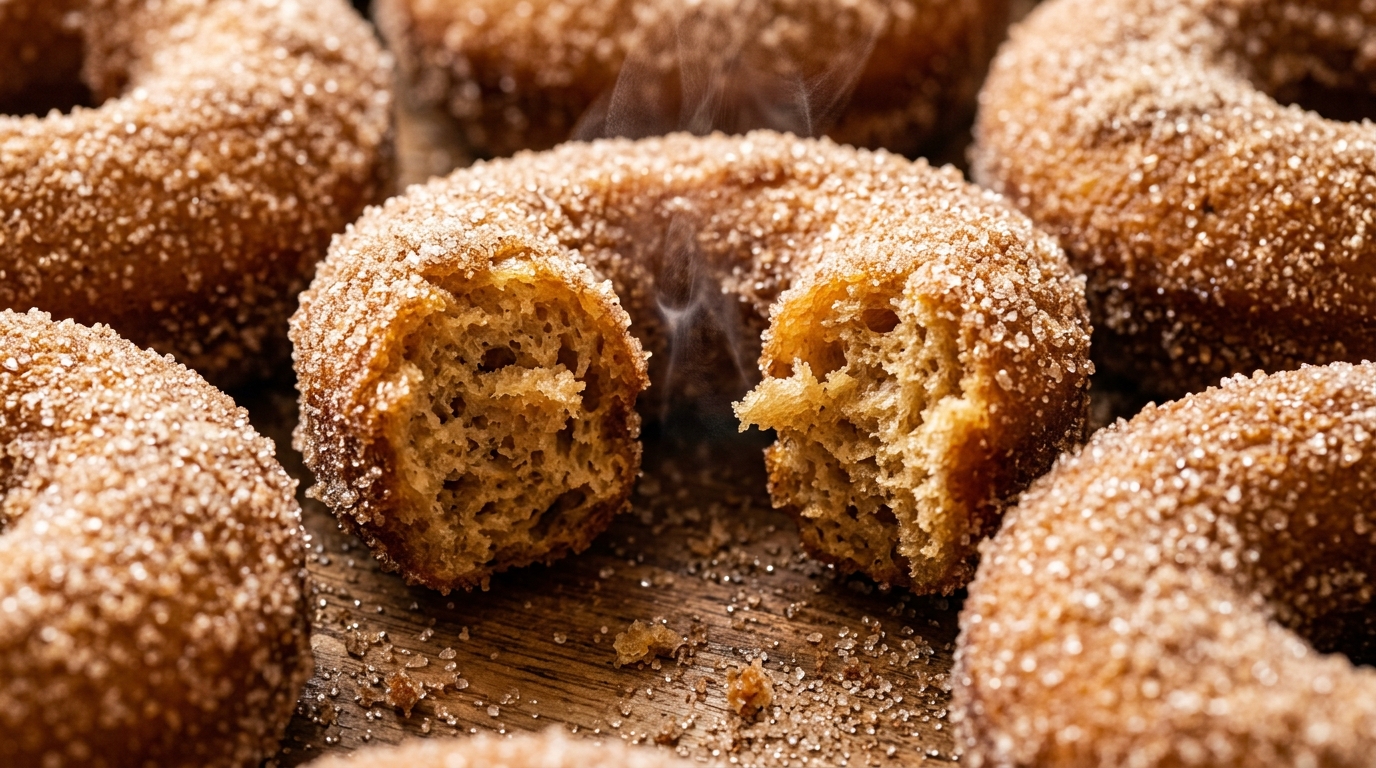 Ultra close-up macro baked apple cider donuts coated in cinnamon sugar